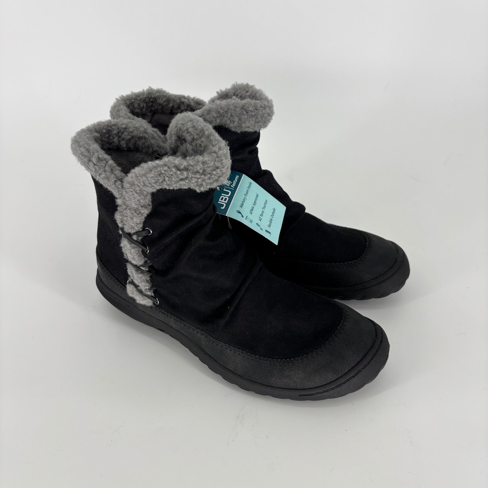 New JBU Briar Winter Ankle Boots Black Women Size 6.5 Suede Faux Fur Memory Foam